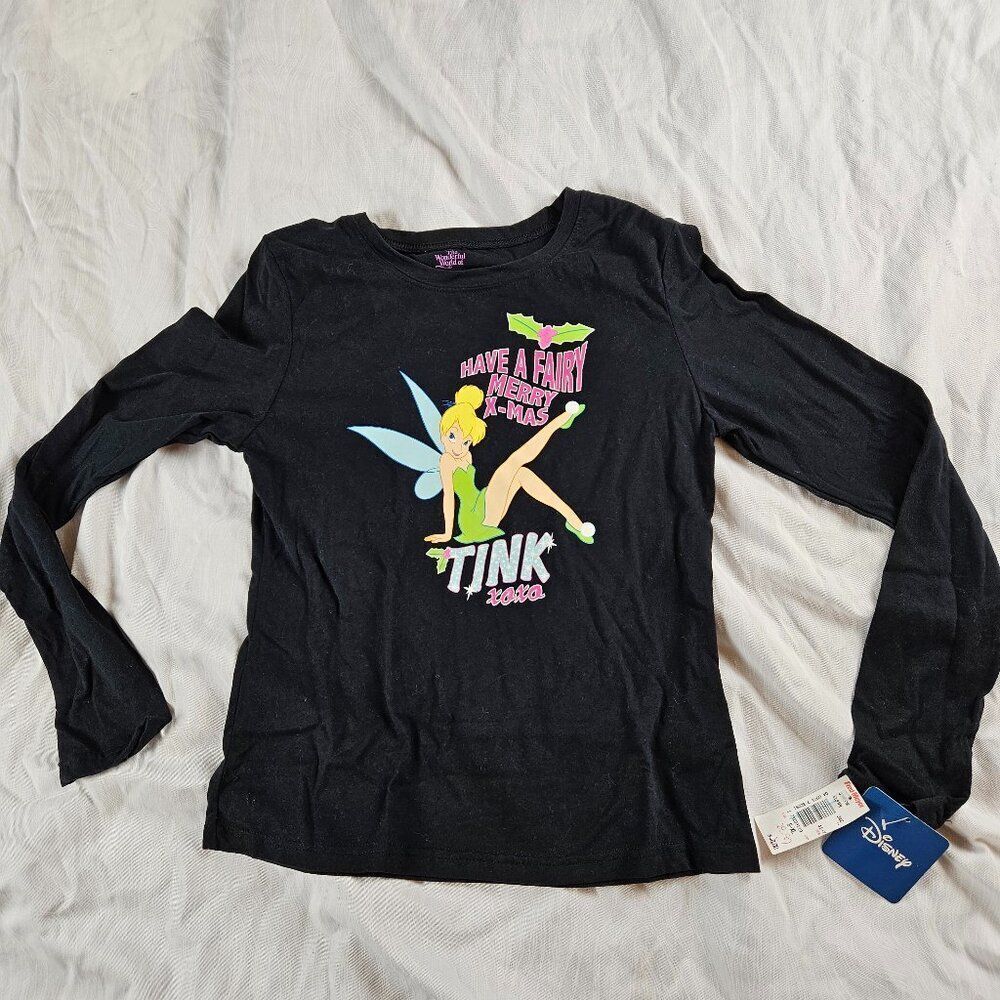 Disney Women's Juniors Large Shirt Tinker Bell Tink Fairy Christmas X-Mas Black